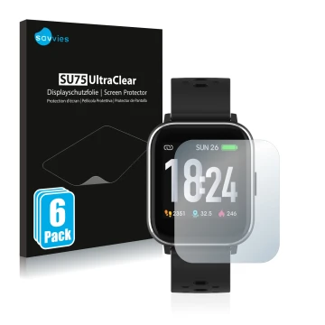 Front side of a product packaging with the brand logo Savvies. Next to it is the device Denver SW-163 shown with the correspon