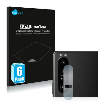 Front side of a product packaging with the brand logo Savvies. Next to it is the device Sony Xperia 1 III (ONLY Camera Lens) s