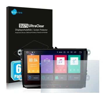 Front side of a product packaging with the brand logo Savvies. Next to it is the device Xtrons PBE90MTVL shown with the corres