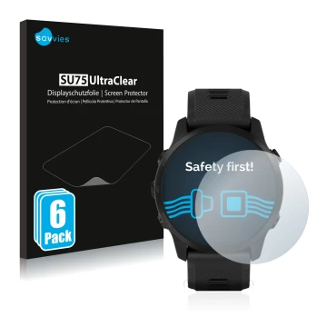 Front side of a product packaging with the brand logo Savvies. Next to it is the device Garmin Forerunner 945 LTE shown with t