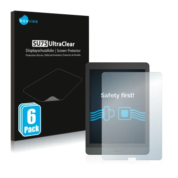 Front side of a product packaging with the brand logo Savvies. Next to it is the device Boox Nova 3 shown with the correspondi