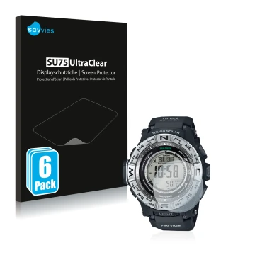 Front side of a product packaging with the brand logo Savvies. Next to it is the device Casio Pro Trek PRW-3500-1 shown with t