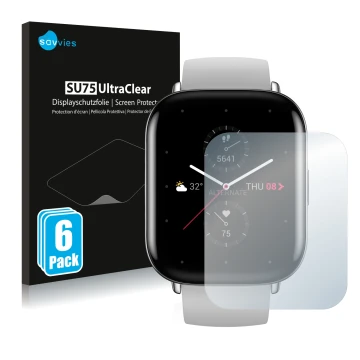Front side of a product packaging with the brand logo Savvies. Next to it is the device Huami Amazfit Zepp E Square shown with