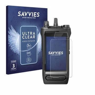Front side of a product packaging with the brand logo Savvies. Next to it is the device Motorola Mototrbo Ion shown with the c