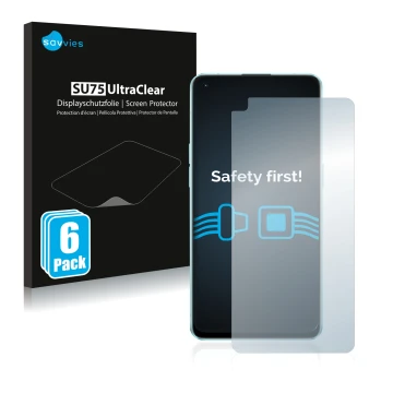 Front side of a product packaging with the brand logo Savvies. Next to it is the device Oppo Reno 6 5G shown with the correspo