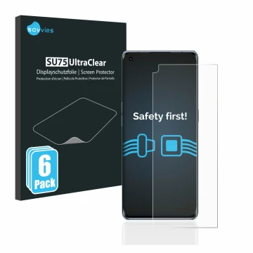Front side of a product packaging with the brand logo Savvies. Next to it is the device Oppo Reno 6 Pro Plus 5G shown with the