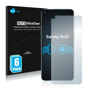 Front side of a product packaging with the brand logo Savvies. Next to it is the device OnePlus Nord CE 5G shown with the corr