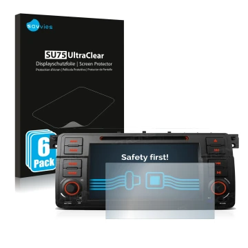 Front side of a product packaging with the brand logo Savvies. Next to it is the device Xtrons PQ7046B shown with the correspo