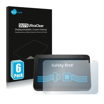 Front side of a product packaging with the brand logo Savvies. Next to it is the device Amazon Echo Show 8 2021 (2nd Gen.) sho