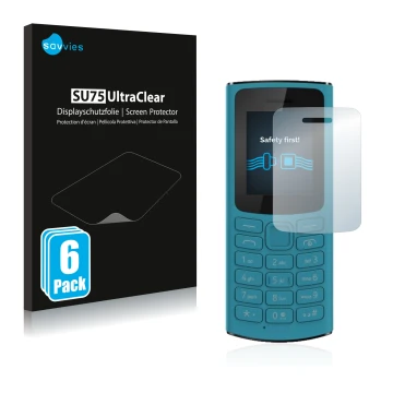 Front side of a product packaging with the brand logo Savvies. Next to it is the device Nokia 105 4G 2021 shown with the corre