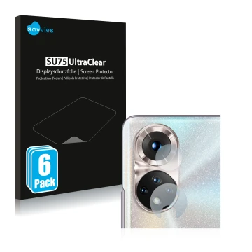 Front side of a product packaging with the brand logo Savvies. Next to it is the device Honor 50 (ONLY Camera Lens) shown with