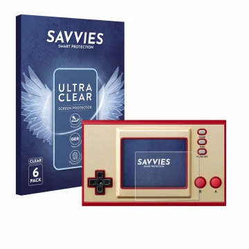 Front side of a product packaging with the brand logo Savvies. Next to it is the device Nintendo Game & Watch Super Mario Bros