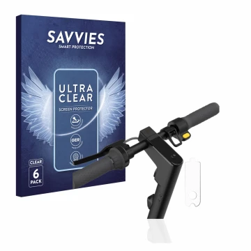 Front side of a product packaging with the brand logo Savvies. Next to it is the device Segway Ninebot KickScooter MAX G30D II