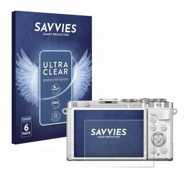 Front side of a product packaging with the brand logo Savvies. Next to it is the device Olympus PEN E-P7 shown with the corres