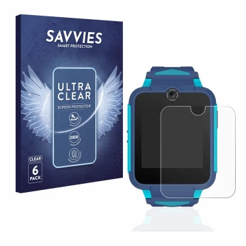 Front side of a product packaging with the brand logo Savvies. Next to it is the device TCL Movetime Family Watch 2 shown with