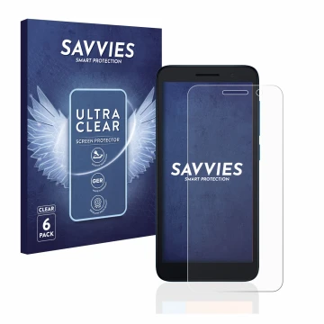 Front side of a product packaging with the brand logo Savvies. Next to it is the device Alcatel 1 (2021) shown with the corres