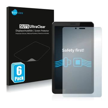 Front side of a product packaging with the brand logo Savvies. Next to it is the device Lenovo Tab M7 (3th Gen.) shown with th
