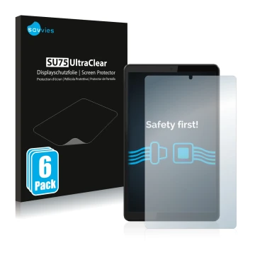 Front side of a product packaging with the brand logo Savvies. Next to it is the device Lenovo Tab M8 (3th Gen.) shown with th