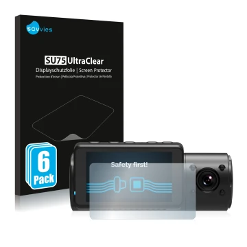 Front side of a product packaging with the brand logo Savvies. Next to it is the device Vantrue N4 shown with the correspondin