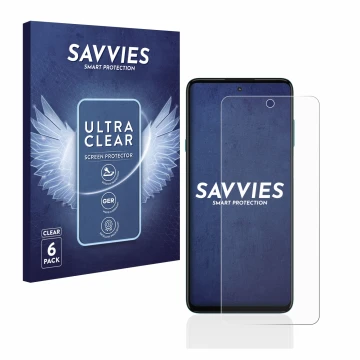 Front side of a product packaging with the brand logo Savvies. Next to it is the device Motorola Edge 20 Lite shown with the c