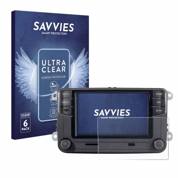Front side of a product packaging with the brand logo Savvies. Next to it is the device Volkswagen Autoradio Composition Touch