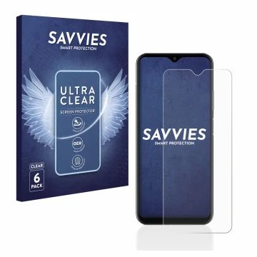 Front side of a product packaging with the brand logo Savvies. Next to it is the device ZTE Blade V30 Vita shown with the corr