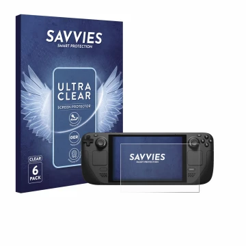 Front side of a product packaging with the brand logo Savvies. Next to it is the device Valve Steam Deck shown with the corres