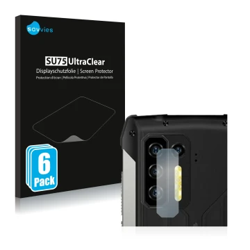 Front side of a product packaging with the brand logo Savvies. Next to it is the device Ulefone Power Armor 13 (ONLY Camera Le