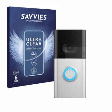 Front side of a product packaging with the brand logo Savvies. Next to it is the device Ring Video Doorbell 4 shown with the c