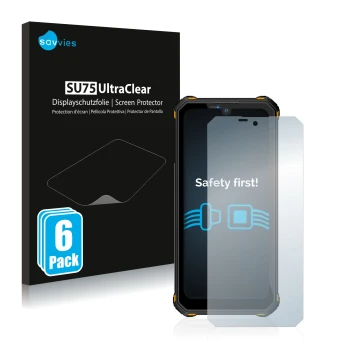Front side of a product packaging with the brand logo Savvies. Next to it is the device Oukitel WP15 5G shown with the corresp