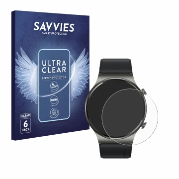 Front side of a product packaging with the brand logo Savvies. Next to it is the device Huawei Watch GT 2 Pro ECG shown with t