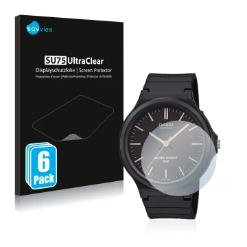 Front side of a product packaging with the brand logo Savvies. Next to it is the device Casio Unisex MW-240 shown with the cor