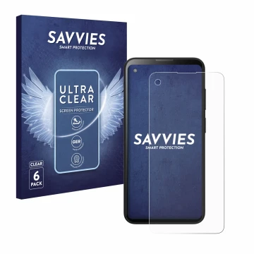 Front side of a product packaging with the brand logo Savvies. Next to it is the device Blackview BL5000 shown with the corres