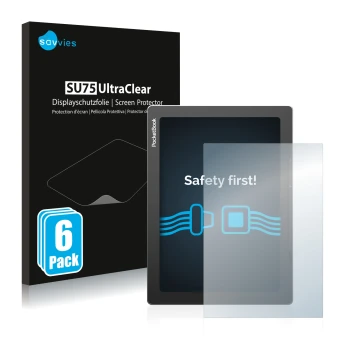 Front side of a product packaging with the brand logo Savvies. Next to it is the device PocketBook InkPad Lite shown with the 