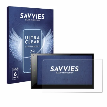 Front side of a product packaging with the brand logo Savvies. Next to it is the device Pioneer SPH-DA160DAB shown with the co