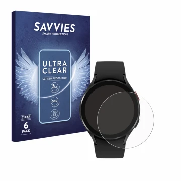 Front side of a product packaging with the brand logo Savvies. Next to it is the device Samsung Galaxy Watch 4 (44mm) shown wi