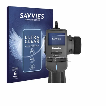 Front side of a product packaging with the brand logo Savvies. Next to it is the device Futaba T3PV shown with the correspondi