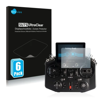Front side of a product packaging with the brand logo Savvies. Next to it is the device FrSky Tandem X20 shown with the corres