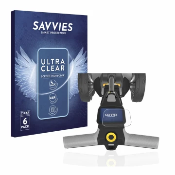 Front side of a product packaging with the brand logo Savvies. Next to it is the device PowaKaddy CT6 shown with the correspon