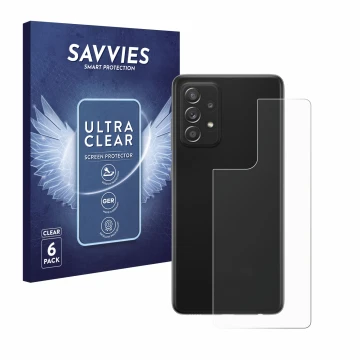 Front side of a product packaging with the brand logo Savvies. Next to it is the device Samsung Galaxy A52s 5G (Back) shown wi