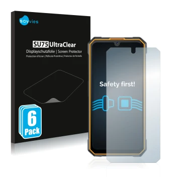 Front side of a product packaging with the brand logo Savvies. Next to it is the device Cubot King Kong 5 shown with the corre