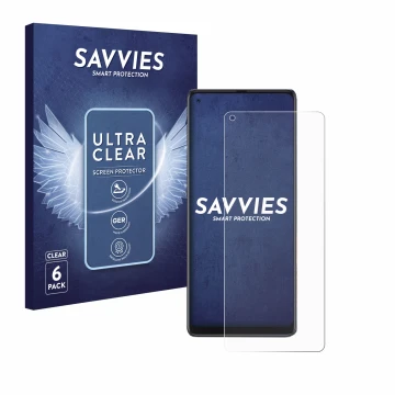 Front side of a product packaging with the brand logo Savvies. Next to it is the device Cubot Max 3 shown with the correspondi