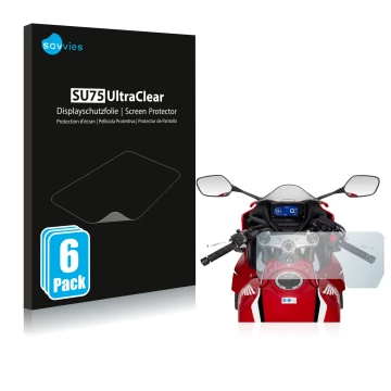 Front side of a product packaging with the brand logo Savvies. Next to it is the device Honda CBR650R 2019-2021 shown with the