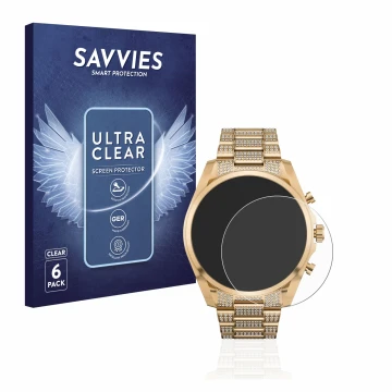 Front side of a product packaging with the brand logo Savvies. Next to it is the device Michael Kors Access Gen 6 Bradshaw sho
