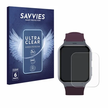Front side of a product packaging with the brand logo Savvies. Next to it is the device TCL Safety Watch MT43AX shown with the