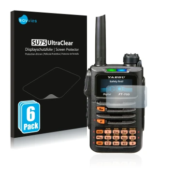 Front side of a product packaging with the brand logo Savvies. Next to it is the device Yaesu FT-70DR shown with the correspon