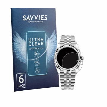 Front side of a product packaging with the brand logo Savvies. Next to it is the device Rolex Datejust 36 shown with the corre