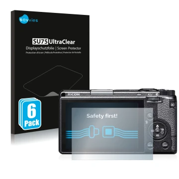Front side of a product packaging with the brand logo Savvies. Next to it is the device Ricoh GR IIIx shown with the correspon