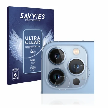 Front side of a product packaging with the brand logo Savvies. Next to it is the device Apple iPhone 13 Pro (ONLY Camera Lens)