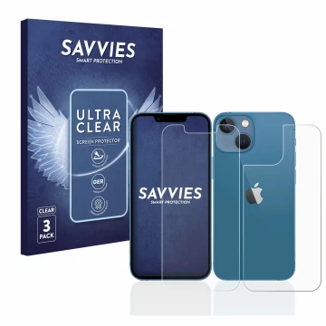 Front side of a product packaging with the brand logo Savvies. Next to it is the device Apple iPhone 13 mini (Front+Back) show
